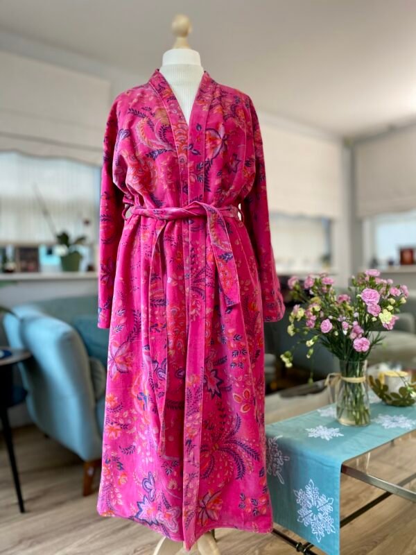 Cotton Velvet Robe, Pink Botanical Print Dressing Gown - Image 6