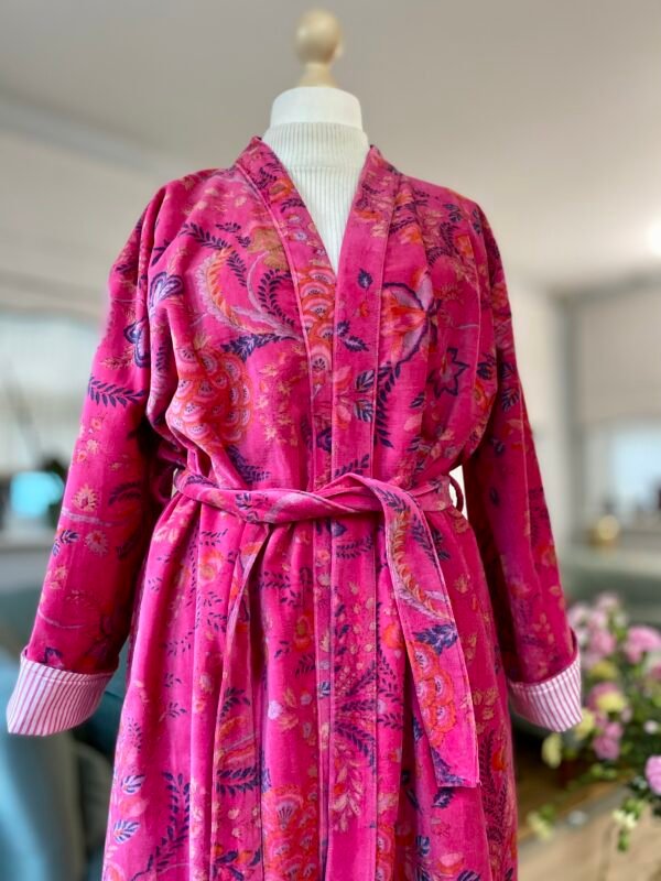 Cotton Velvet Robe, Pink Botanical Print Dressing Gown - Image 7