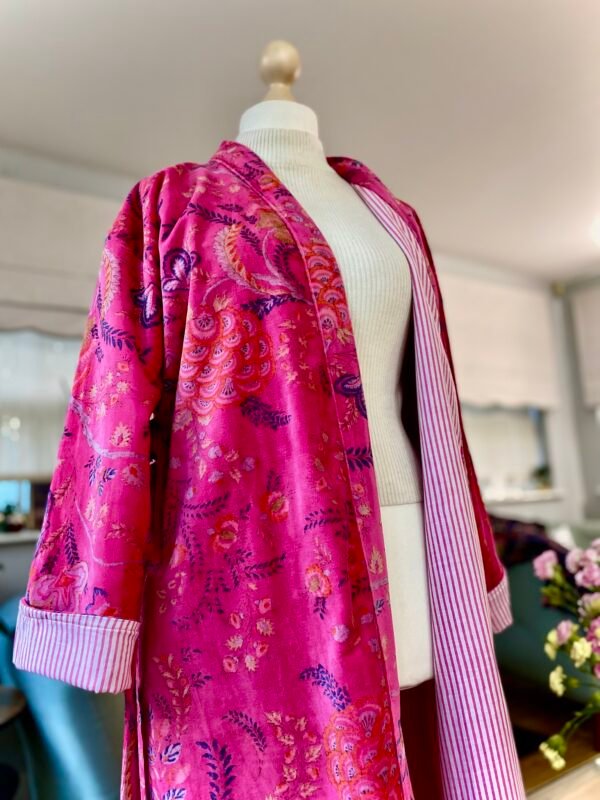 Cotton Velvet Robe, Pink Botanical Print Dressing Gown - Image 8