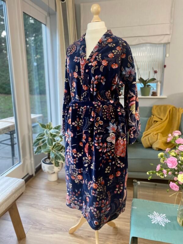 Cotton Velvet Robe, Navy Blue Botanical Print Dressing Gown - Image 6