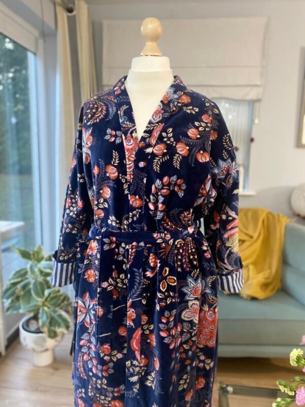 Cotton Velvet Robe, Navy Blue Botanical Print Dressing Gown - Image 8