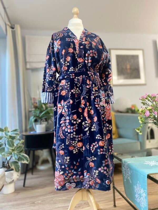 Cotton Velvet Robe, Navy Blue Botanical Print Dressing Gown - Image 3