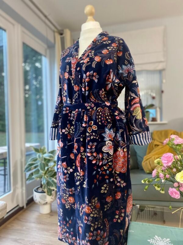 Cotton Velvet Robe, Navy Blue Botanical Print Dressing Gown - Image 7