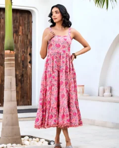 Floral Pink Tiered Sundress in 100% Cotton Block Print-Smocked Back