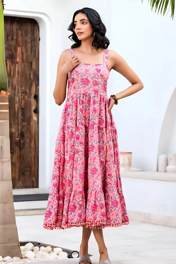 Floral Pink Tiered Sundress in 100% Cotton Block Print-Smocked Back
