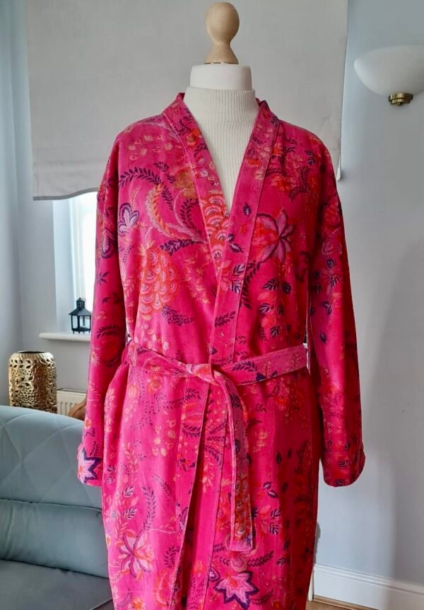 Cotton Velvet Robe, Pink Botanical Print Dressing Gown - Image 2