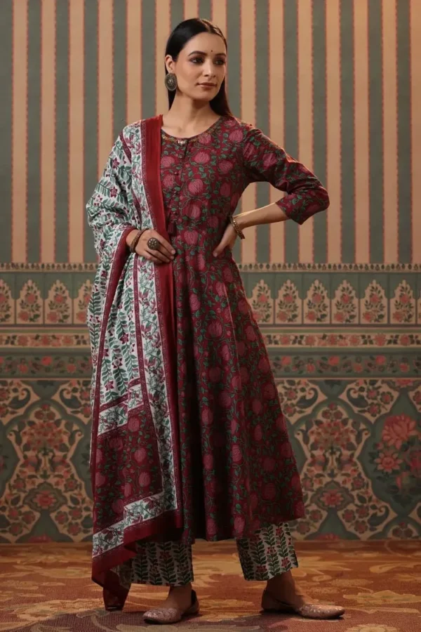 Floral Anarkali kurta set in hand block print pure cotton