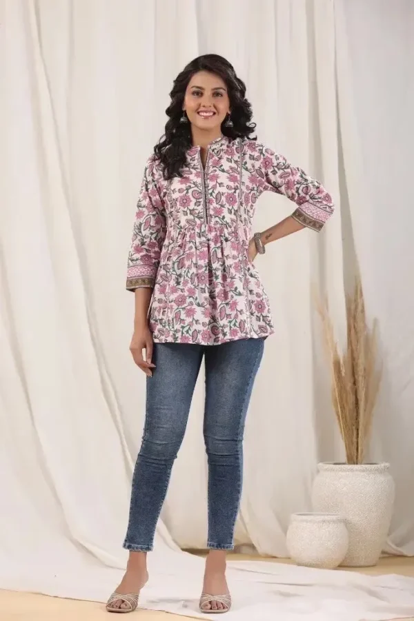 Floral Cotton Boho Top-Pink Wood Block Print Tunic - Image 5