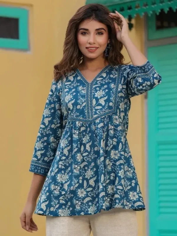 Floral Cotton Boho Top-Blue Hand Block Print Indian Tunic - Image 5