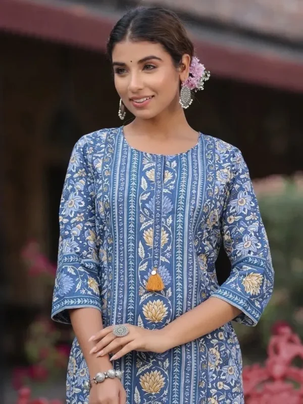 Pure Cotton Kurta-Blue Floral Print Long Tunic - Image 2