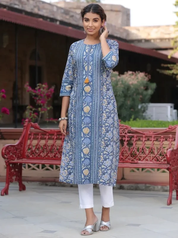 Pure Cotton Kurta-Blue Floral Print Long Tunic - Image 4