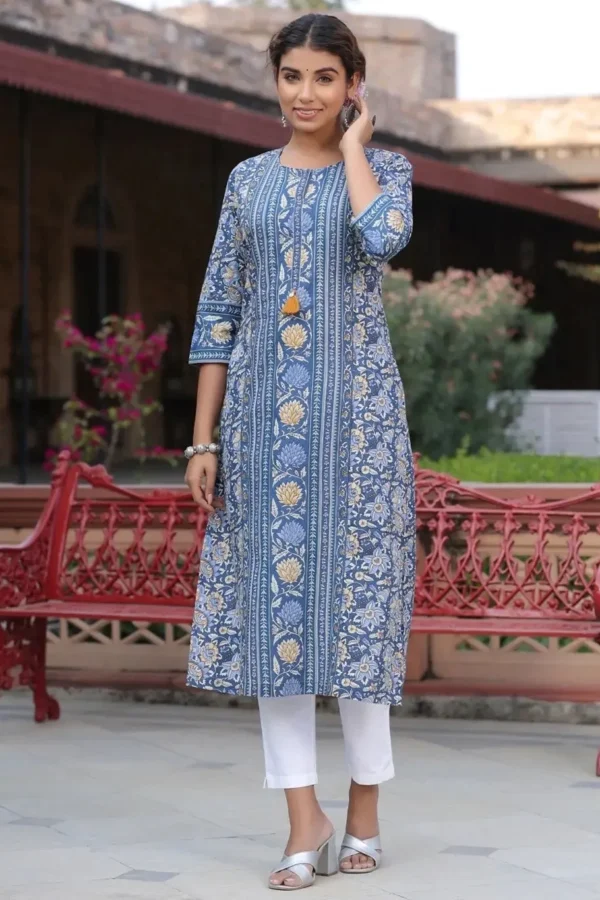 Pure Cotton Kurta-Blue Floral Print Block Print Long Indian Tunic