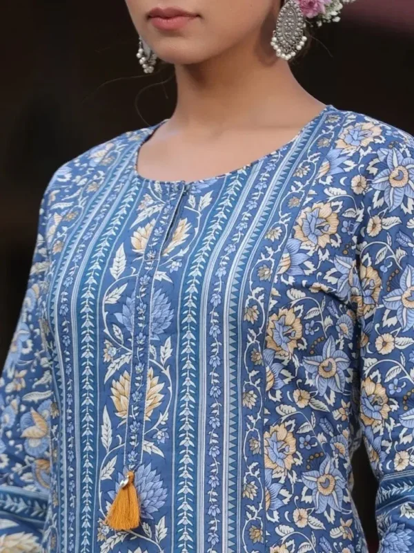 Pure Cotton Kurta-Blue Floral Print Long Tunic - Image 5