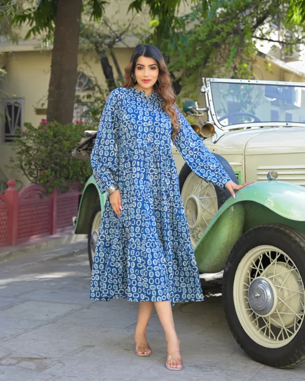 Block Print Indigo Pure cotton Tiered Dress - Image 6