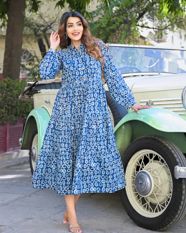 Block Print Indigo Pure cotton Tiered Dress - Image 4