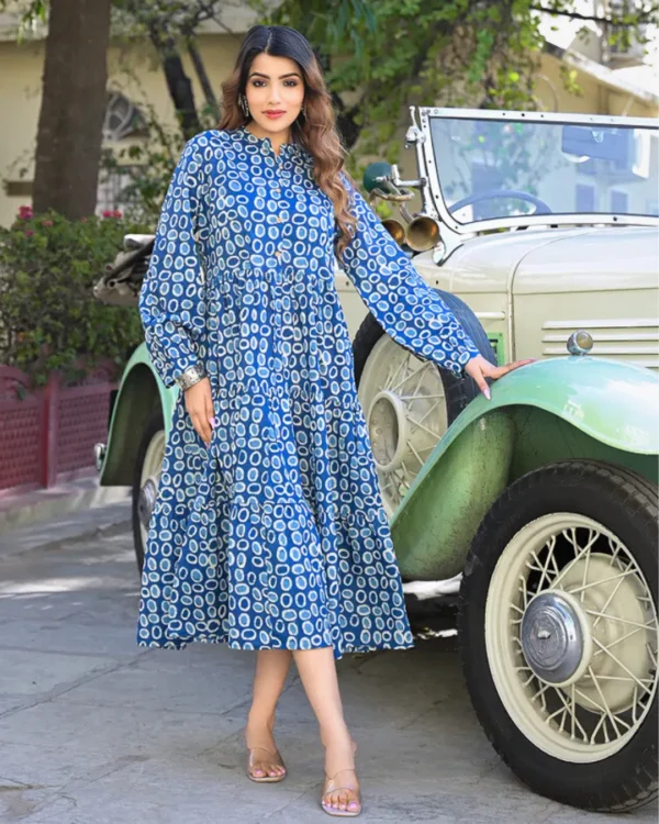 Block Print Indigo Pure cotton Tiered Dress