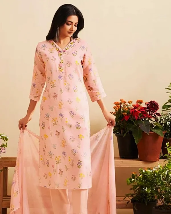 Linen Floral Hand Embroidered Kurta Set