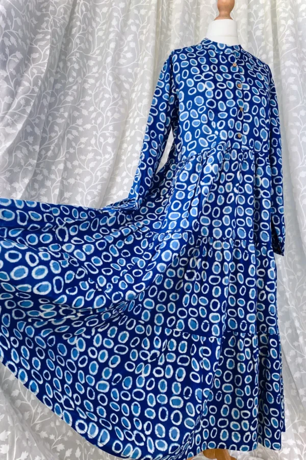 Pure cotton Tiered Dress-Indigo Blue Hand Block Print-Long Sleeve Summer Dress