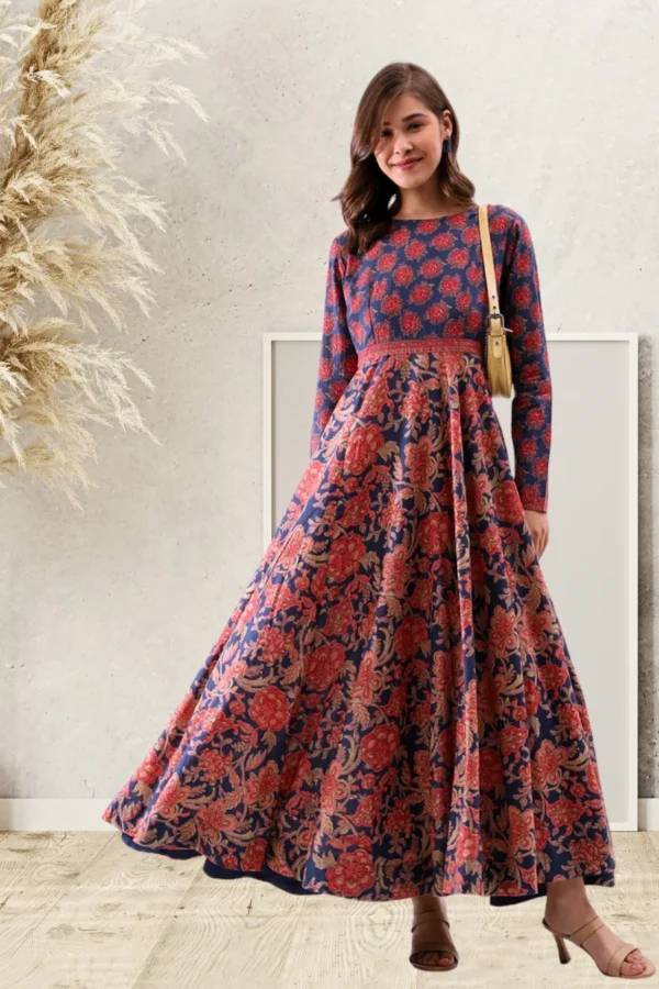 Vintage Rose long Dress-Pure Cotton Block Print Floral Fit and Flare Maxi
