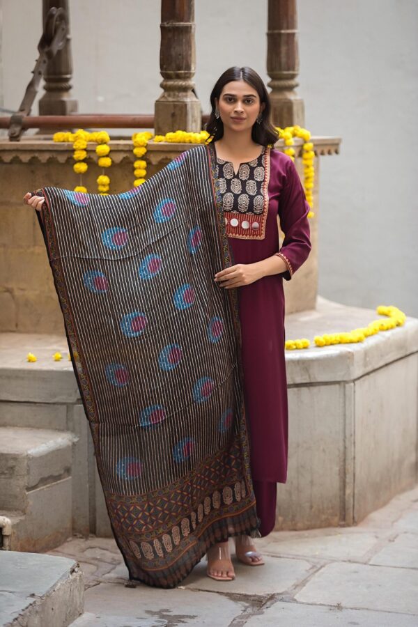 Ajrakh Print Straight Kurta Set-Gajji Silk-Ethnic Indian women's suit