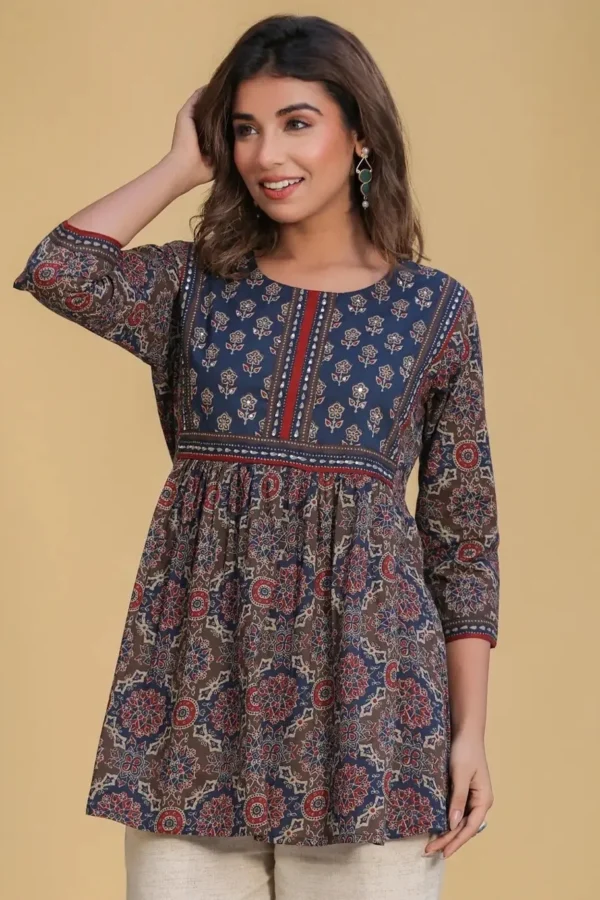 Pure Cotton Tunic Top- Brown Block Print Short Kurta