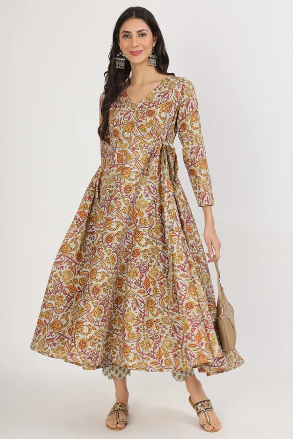 Floral Woodblock Print Pure Cotton long Dress with Pants