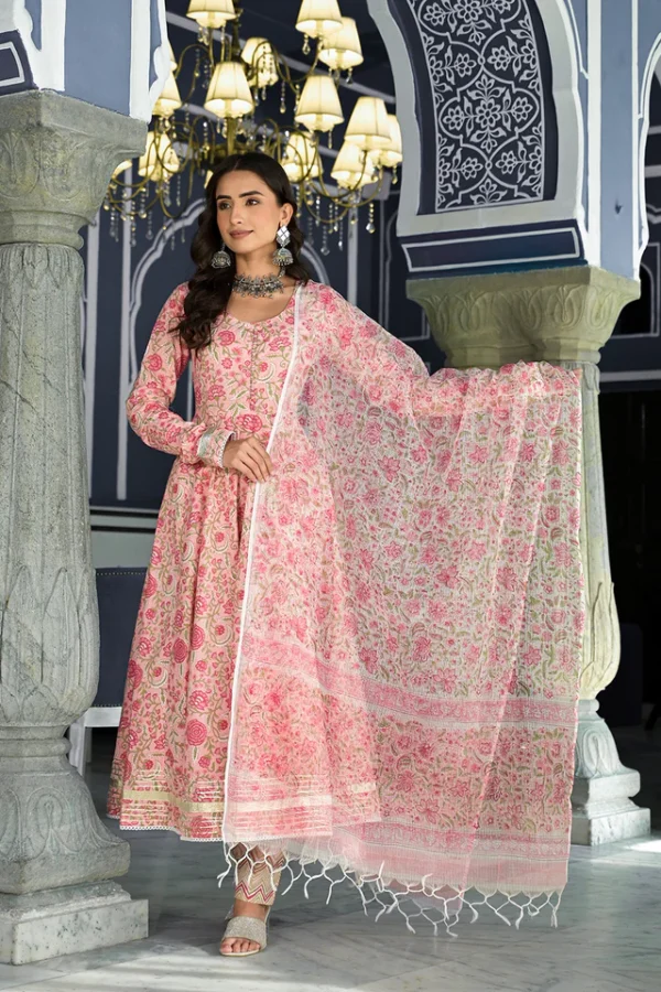 Pink Floral Anarkali Kurta set-Pure Cotton-Hand Block Print- Festive Indian Ethnic outfit