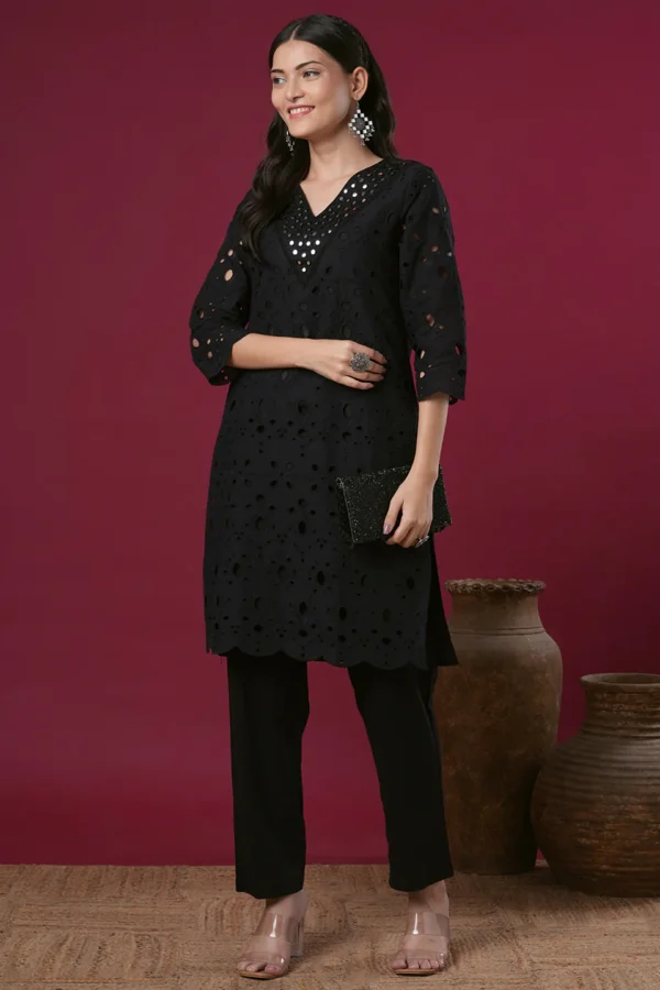 Black Mirror Embroidered Schiffli Cotton Kurta Set