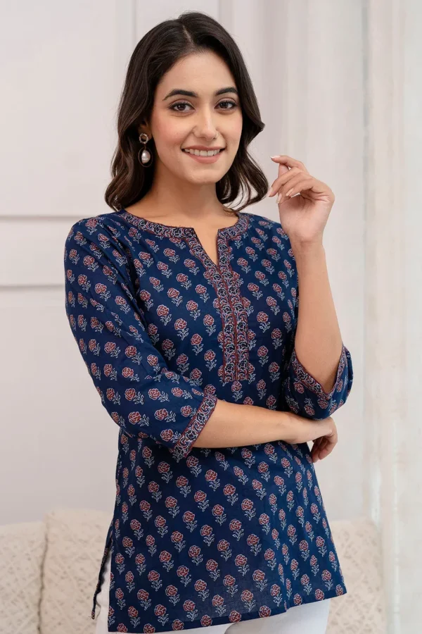 Blue Rose Hand Block Print Tunic-Pure Cotton- Indian Short Kurta