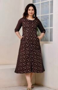 Black midi dress in floral hand block print -pure cotton