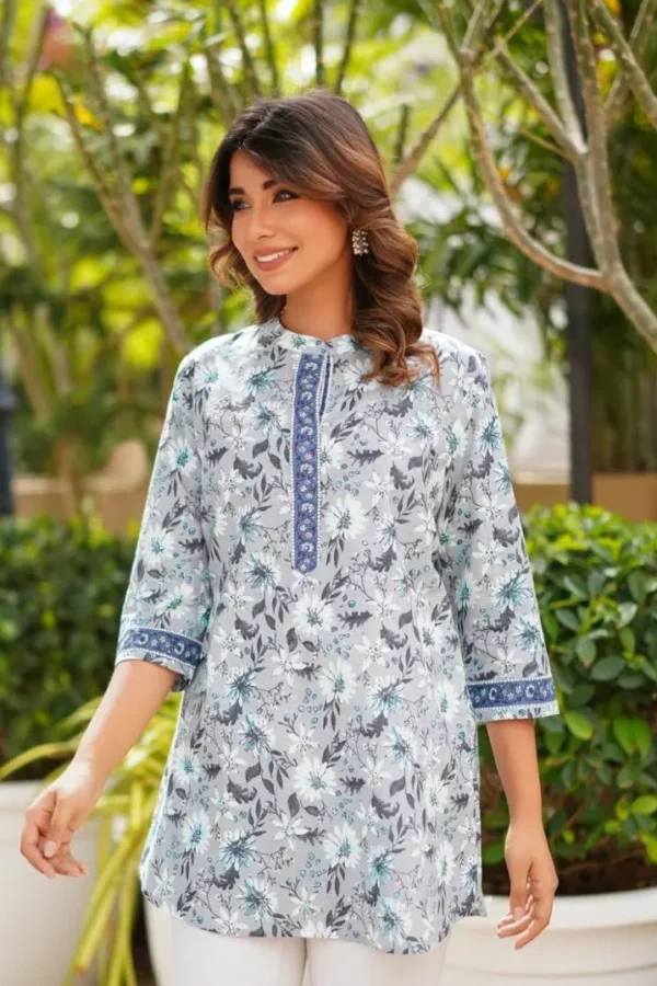 Floral Pure Cotton Blouse-Mandarin Collar Tunic-Summer Top