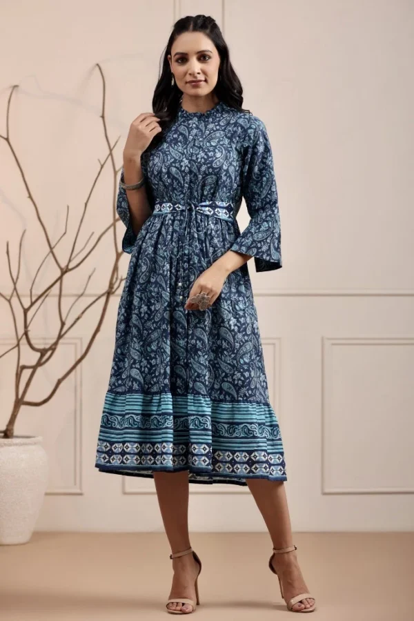 Tiered Midi Dress-Blue Pure Cotton Paisley Print Summer dress