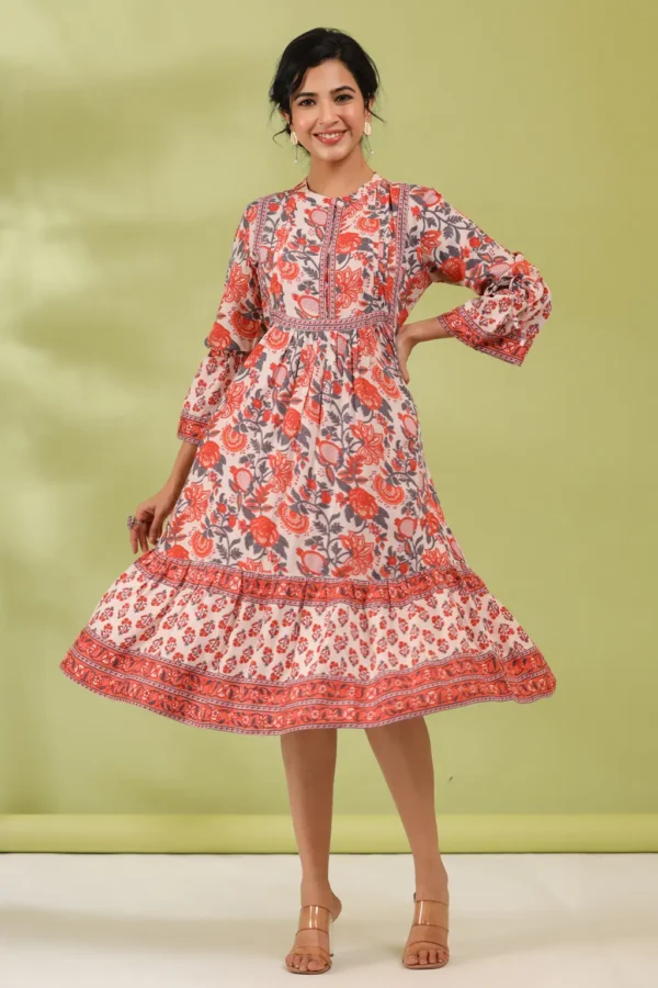 Floral Tiered Dress Block Print Rayon Summer Boho Dress