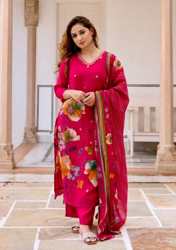 Floral Straight Kurta Set Hand Embroidered Premium Modal Silk-Ethnic Indian women's suit