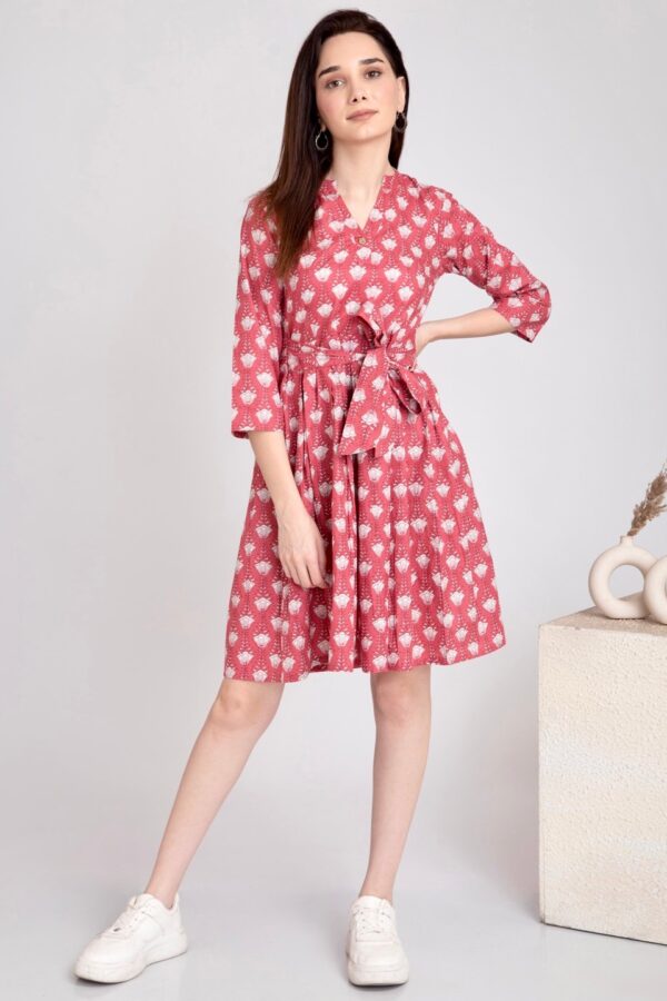 Tulip Hand Block Print Pure Cotton Dress-Belt-Box Pleat skirt