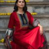 red ajrakh print straight kurta set-gajji silk-ethnic indian women's suit
