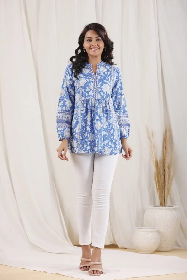Floral Blue Block Print Tunic-Pure Cotton Boho Top
