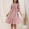 Pink Pure Cotton Tiered Dress Floral Block Print Casual Midi