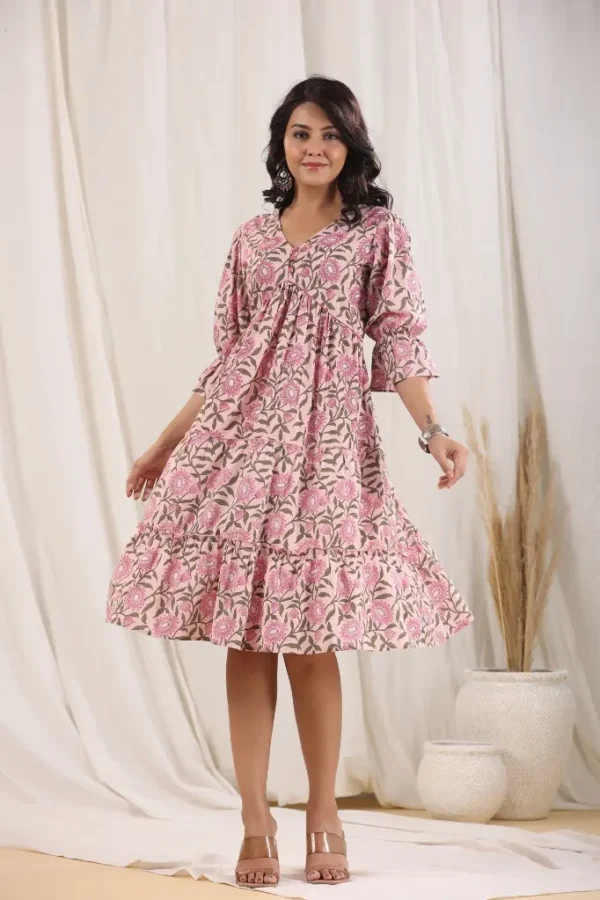 Pink Pure Cotton Tiered Dress Floral Block Print Casual Midi