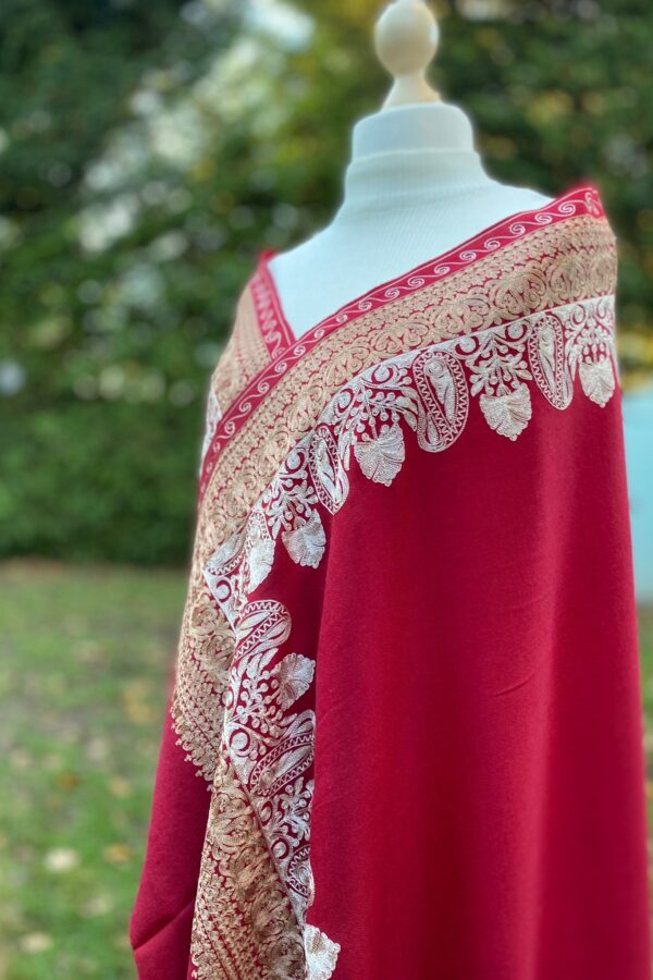 Embroidered Wool Silk Red Lightweight Shawl