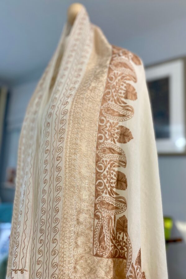Embroidered Wool Silk Shawl- Creamy White Lightweight Luxury Wrap