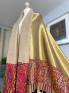 Antique Gold Reversible Pashmina Kani Border Winter wrap-Beige