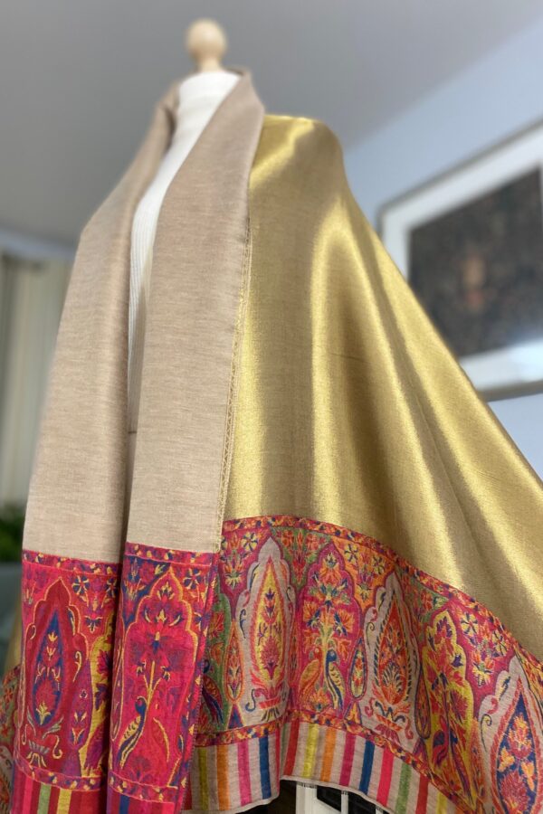 Antique Gold Reversible Pashmina Kani Border Winter wrap-Beige