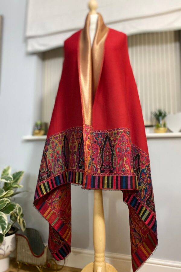 Antique Brass Reversible Pashmina Kani Border Winter wrap-Red