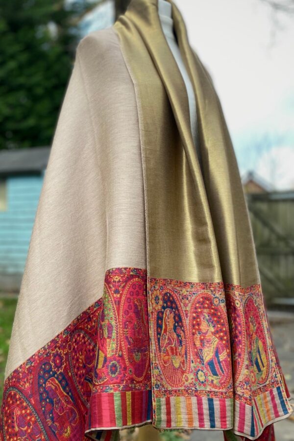 Antique Gold Reversible Pashmina Kani Border Winter wrap-Beige