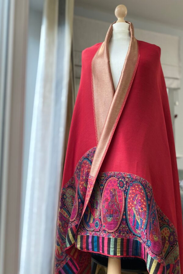 Antique Brass Reversible Pashmina-Red Heritage Kani Border Winter wrap