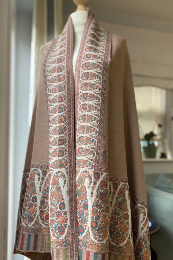 Luxury Wool Shawl-Paisley Kani Border Winter Wrap-Brown