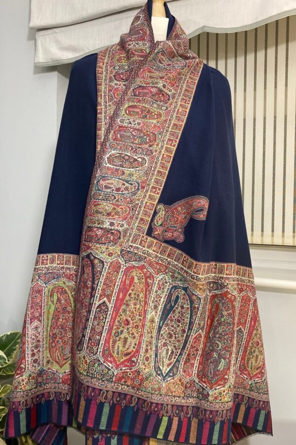 Luxury Wool Shawl-Blue Paisley Kani Border Winter Wrap