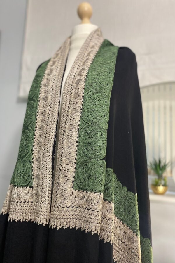 Wool Silk Shawl -Black Embroidered Lightweight Stole