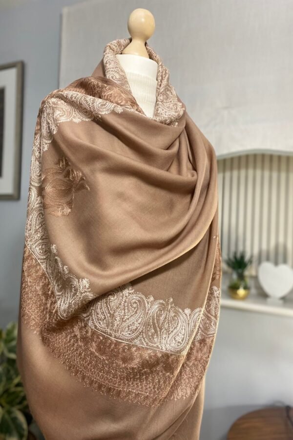 Wool Silk Shawl-Embroidered Brown Lightweight Stole